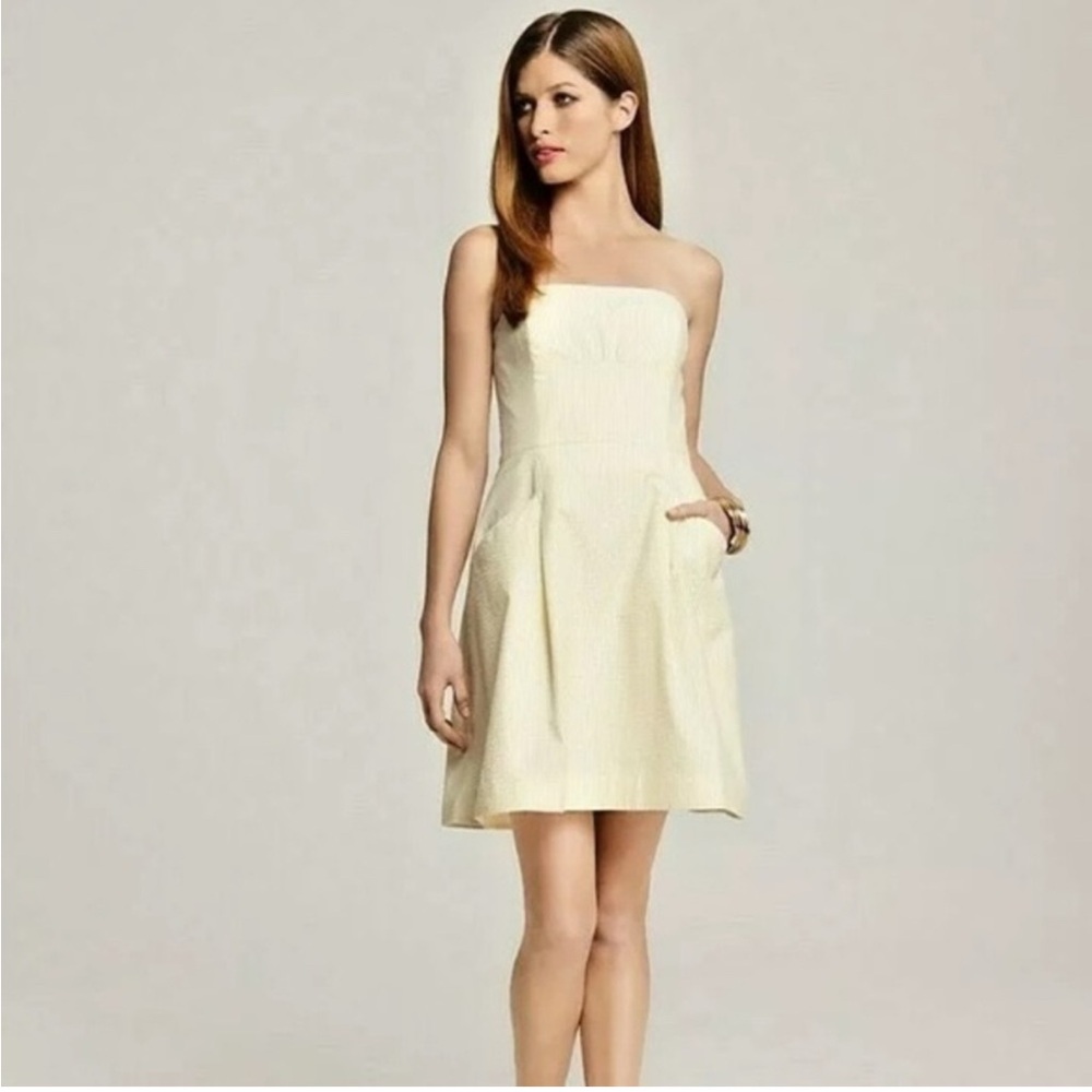Lilly Pulitzer Yellow Blossom Seersucker Strapless Mini Dress, Sz 2